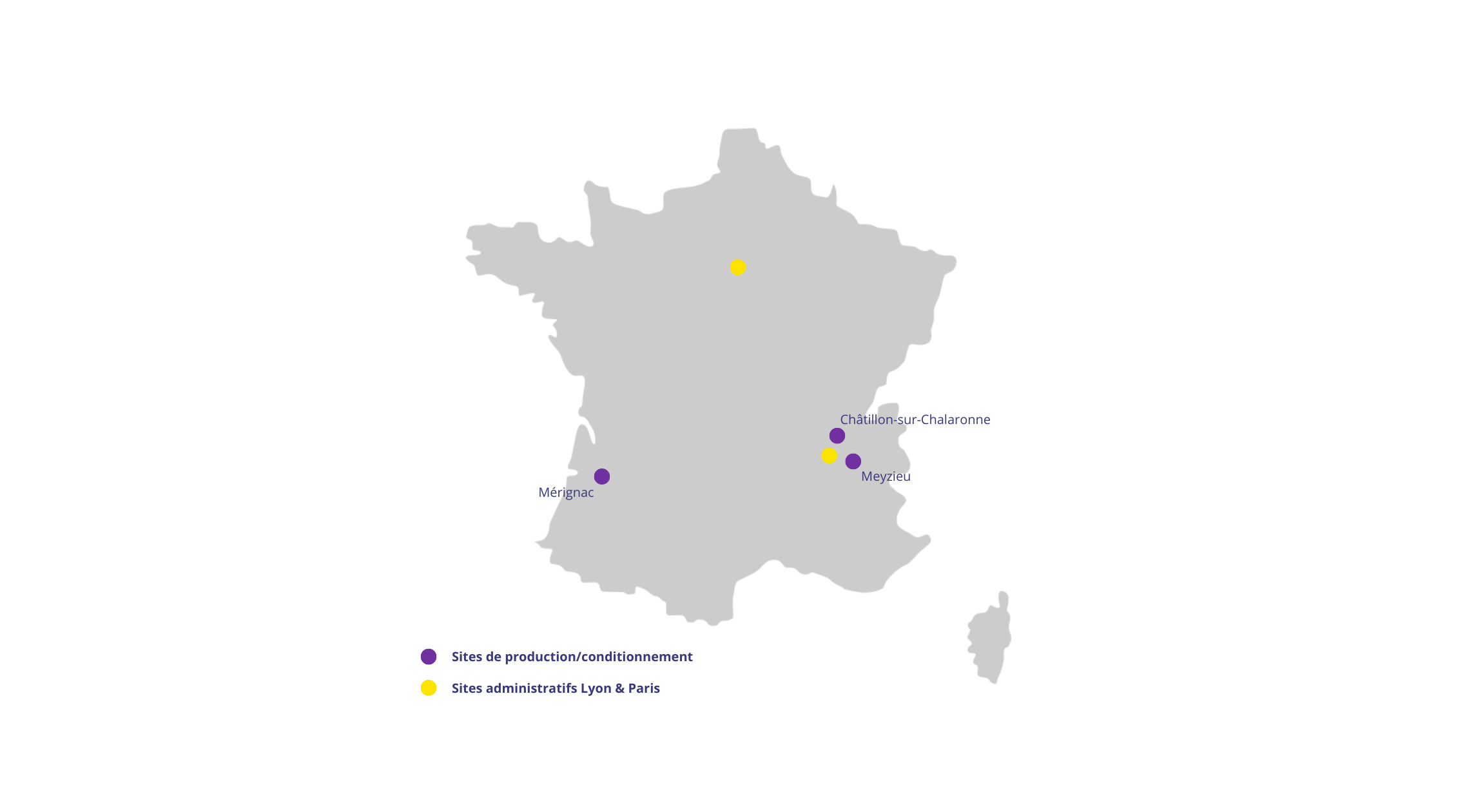 Carte de france avec nos sites administratifs et nos sites de production/conditionnement