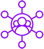 Icône violette représentant un cercle central avec trois silhouettes stylisées et des lignes reliées à des cercles périphériques, symbolisant la connexion